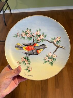 Hand-Painted Decorative Bird Wall Plate in Pastel Blue and Yellow